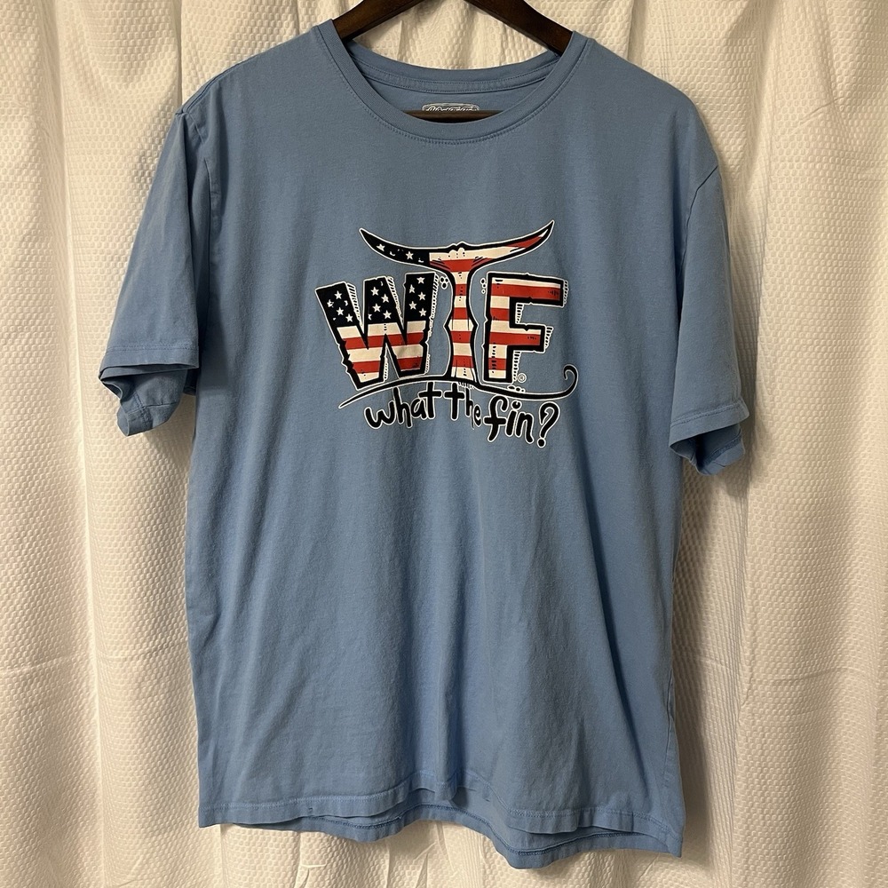 WTF What The Fin Performance Fabric Blue‎ Fishing Shirt SS Tee XL - EXCELLENT